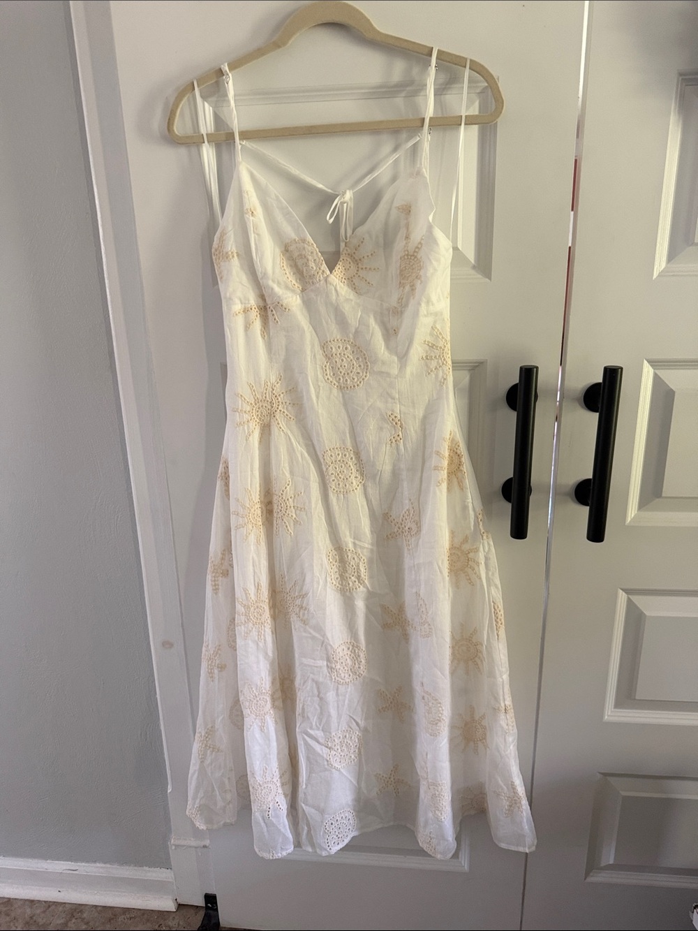 White Sleeveless Eyelet Midi Dress with Cream Embroidery